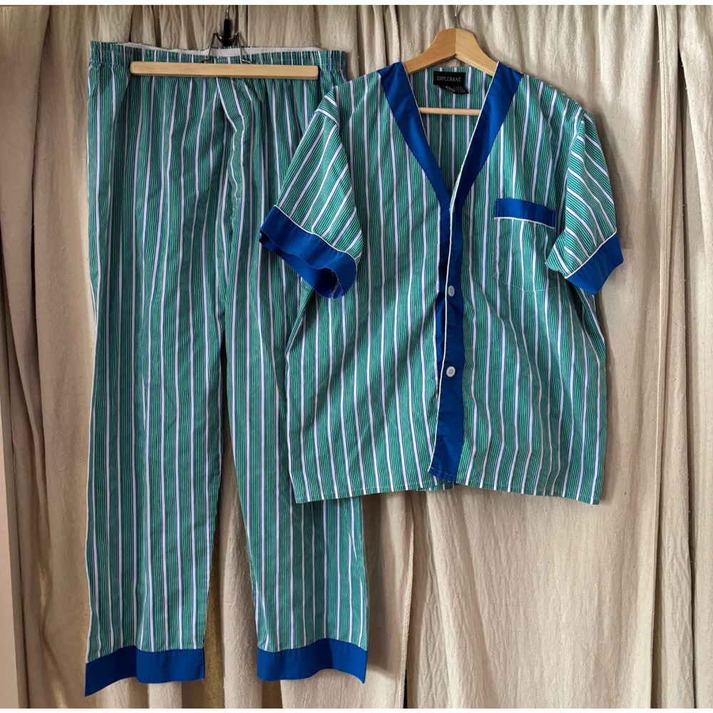 Diplomat striped men's PJ sleep set blue green long pants short sleeve LARGE